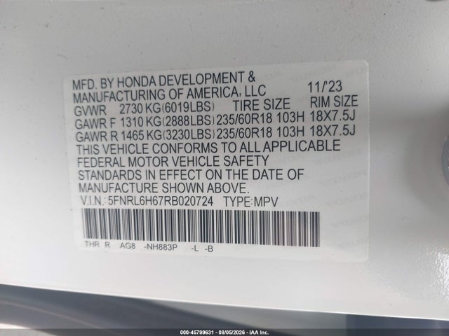 2024 Honda Odyssey Ex-l მანქანა იყიდება აუქციონზე, vin: 5FNRL6H67RB020724, აუქციონის ნომერი: 45799631