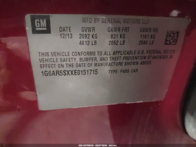45799639 :رقم المزاد ، 1G6AR5SXXE0151715 vin ، 2014 Cadillac Cts Luxury مزاد بيع