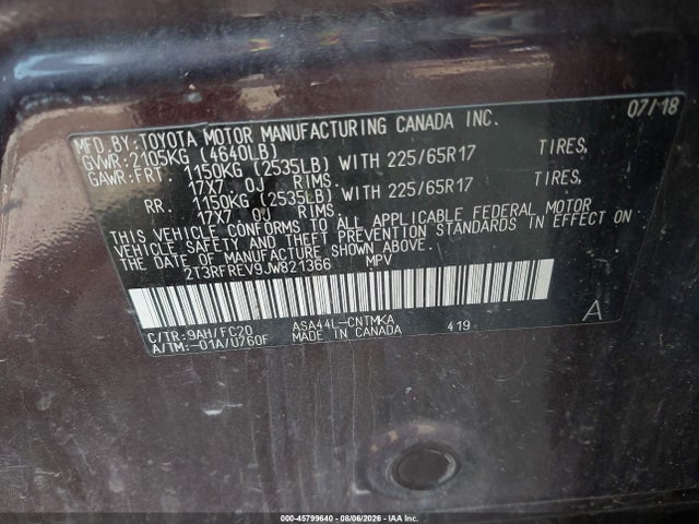 2018 Toyota Rav4 Xle მანქანა იყიდება აუქციონზე, vin: 2T3RFREV9JW821366, აუქციონის ნომერი: 45799640