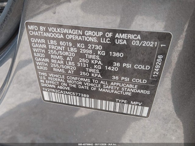Aukcja sprzedaży 2021 Volkswagen Atlas 3.6l V6 Sel Premium, vin: 1V2TR2CA2MC577389, numer aukcji: 45799642