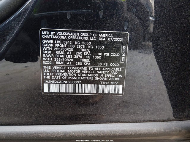 2022 Volkswagen Atlas Cross Sport 3.6l V6 Se W/technology მანქანა იყიდება აუქციონზე, vin: 1V2HE2CA9NC230337, აუქციონის ნომერი: 45799651