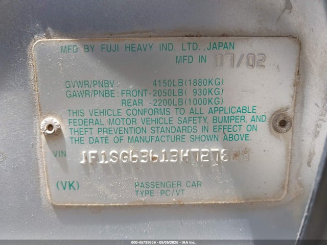 45799659 :رقم المزاد ، JF1SG63613H727828 vin ، 2003 Subaru Forester X مزاد بيع