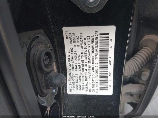 2016 Honda Civic Touring მანქანა იყიდება აუქციონზე, vin: 2HGFC1F92GH631210, აუქციონის ნომერი: 45799662