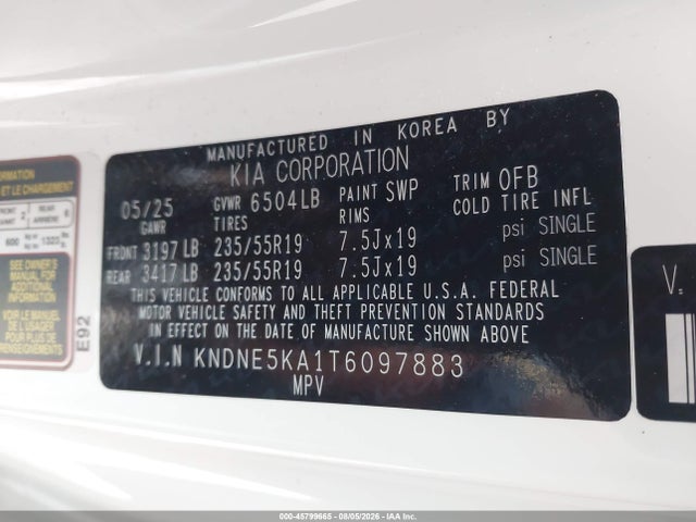 45799665 :رقم المزاد ، KNDNE5KA1T6097883 vin ، 2026 Kia Carnival Mpv Hybrid Sx Prestige مزاد بيع