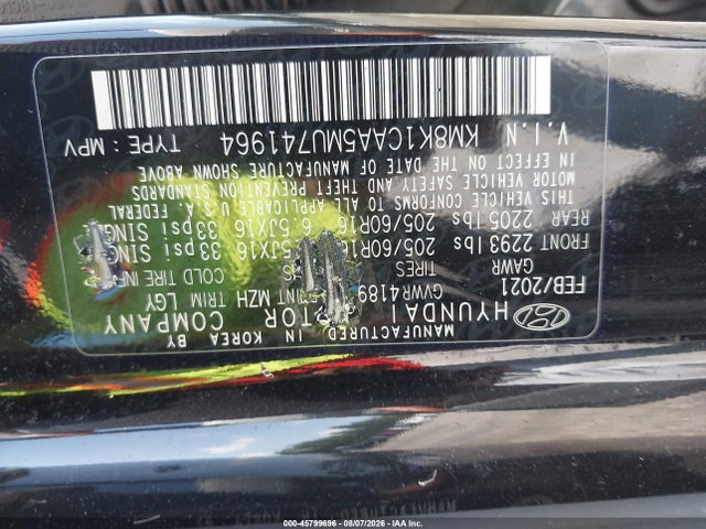 Aukcja sprzedaży 2021 Hyundai Kona Se, vin: KM8K1CAA5MU741964, numer aukcji: 45799696