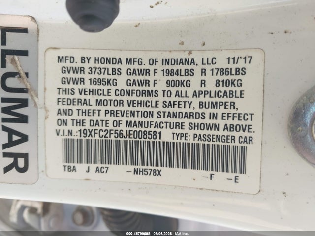Aukcja sprzedaży 2018 Honda Civic Lx, vin: 19XFC2F56JE008581, numer aukcji: 45799698