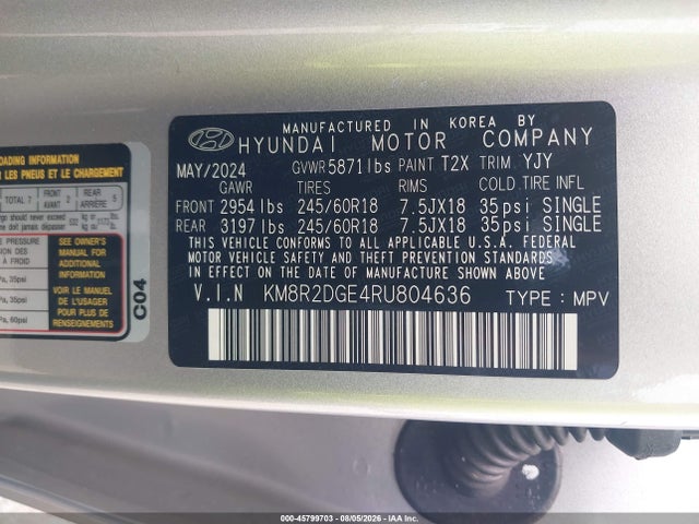 Aukcja sprzedaży 2024 Hyundai Palisade Sel, vin: KM8R2DGE4RU804636, numer aukcji: 45799703
