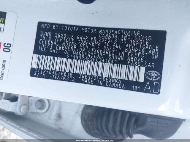 45799705 :رقم المزاد ، 2T1BURHE9FC341641 vin ، 2015 Toyota Corolla Le مزاد بيع