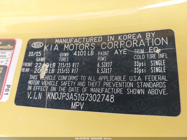 45799708 :رقم المزاد ، KNDJP3A51G7302748 vin ، 2016 Kia Soul + مزاد بيع