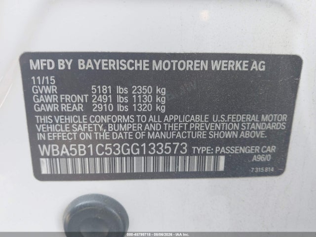 Aukcja sprzedaży 2016 Bmw 535i, vin: WBA5B1C53GG133573, numer aukcji: 45799718