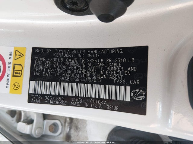 Auction sale of the 2018 Lexus Es 350, vin: 58ABK1GG6JU107015, lot number: 45799720