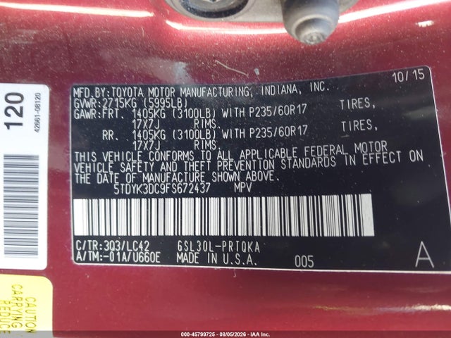 5TDYK3DC9FS672437 Toyota Sienna Xle Premium 8 Passenger
