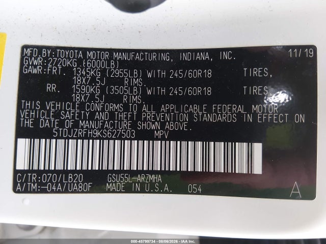 Продажа на аукционе авто 2019 Toyota Highlander Xle, vin: 5TDJZRFH9KS627503, номер лота: 45799734