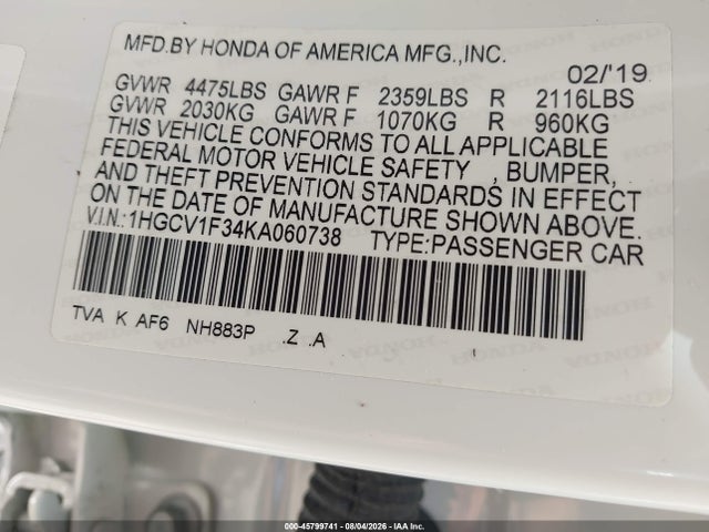 45799741 :رقم المزاد ، 1HGCV1F34KA060738 vin ، 2019 Honda Accord Sport مزاد بيع