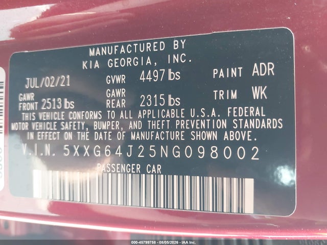 Продажа на аукционе авто 2022 Kia K5 Gt-line, vin: 5XXG64J25NG098002, номер лота: 45799758