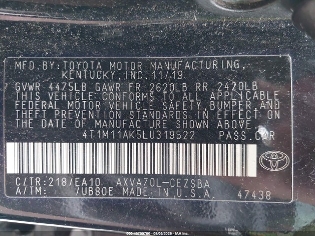 2020 Toyota Camry Se მანქანა იყიდება აუქციონზე, vin: 4T1M11AK5LU319522, აუქციონის ნომერი: 45799760