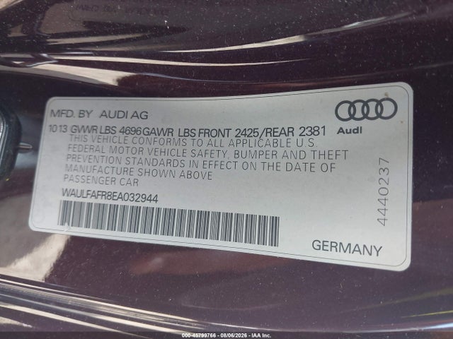 45799766 :رقم المزاد ، WAULFAFR8EA032944 vin ، 2014 Audi A5 2.0t Premium مزاد بيع