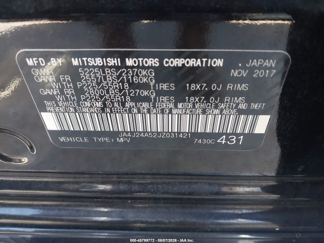 Aukcja sprzedaży 2018 Mitsubishi Outlander Phev Sel, vin: JA4J24A52JZ031421, numer aukcji: 45799772