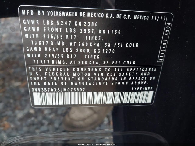 Продаж на аукціоні авто 2018 Volkswagen Tiguan 2.0t Se/2.0t Sel, vin: 3VV3B7AX8JM073502, номер лоту: 45799773