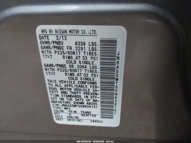 Продаж на аукціоні авто 2012 Nissan Rogue Sv, vin: JN8AS5MT5CW608151, номер лоту: 45799792