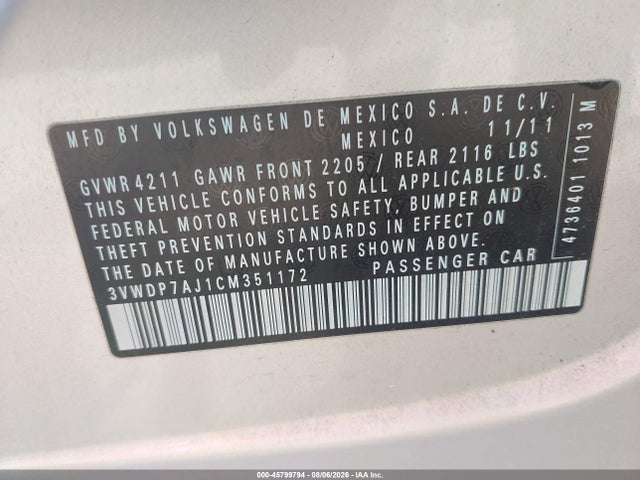 Aukcja sprzedaży 2012 Volkswagen Jetta 2.5l Se, vin: 3VWDP7AJ1CM351172, numer aukcji: 45799794