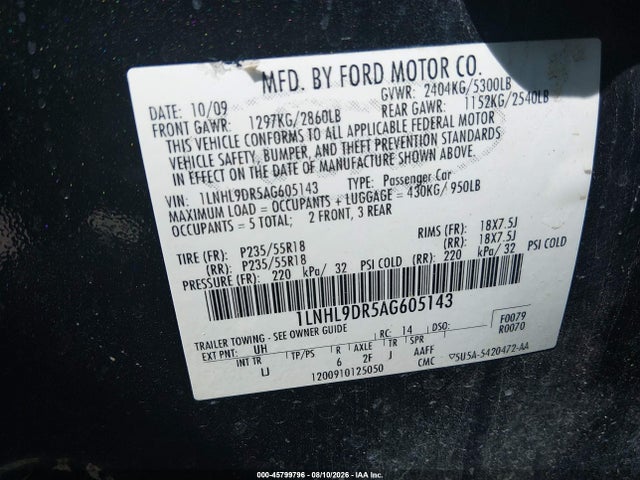 Продаж на аукціоні авто 2010 Lincoln Mks, vin: 1LNHL9DR5AG605143, номер лоту: 45799796