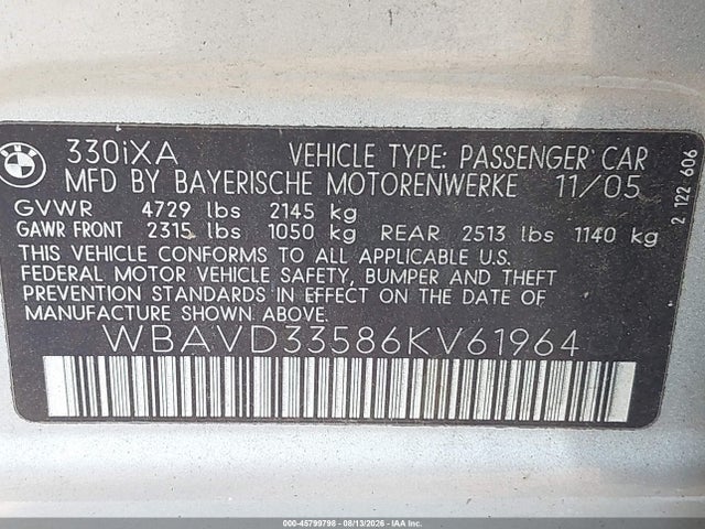 2006 Bmw 330xi მანქანა იყიდება აუქციონზე, vin: WBAVD33586KV61964, აუქციონის ნომერი: 45799798