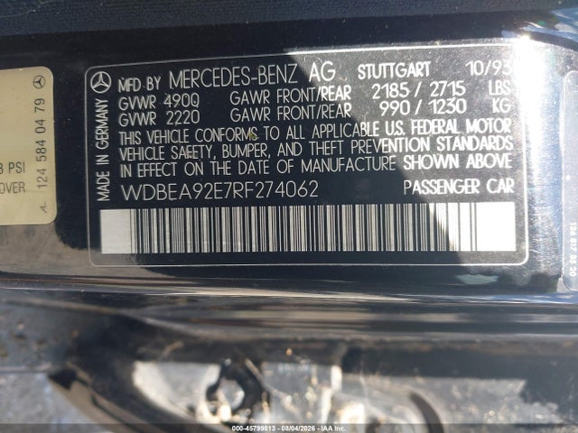 45799813 :رقم المزاد ، WDBEA92E7RF274062 vin ، 1994 Mercedes-benz E 320 مزاد بيع