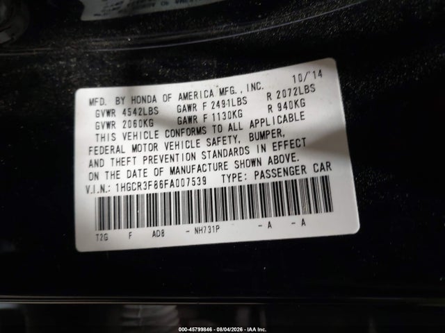 2015 Honda Accord Ex-l V-6 მანქანა იყიდება აუქციონზე, vin: 1HGCR3F86FA007539, აუქციონის ნომერი: 45799846