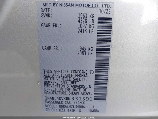 2024 Nissan Altima Sv Fwd მანქანა იყიდება აუქციონზე, vin: 1N4BL4DVXRN331591, აუქციონის ნომერი: 45799849