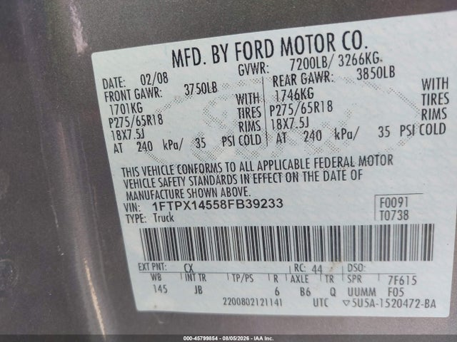45799854 :رقم المزاد ، 1FTPX14558FB39233 vin ، 2008 Ford F150 مزاد بيع