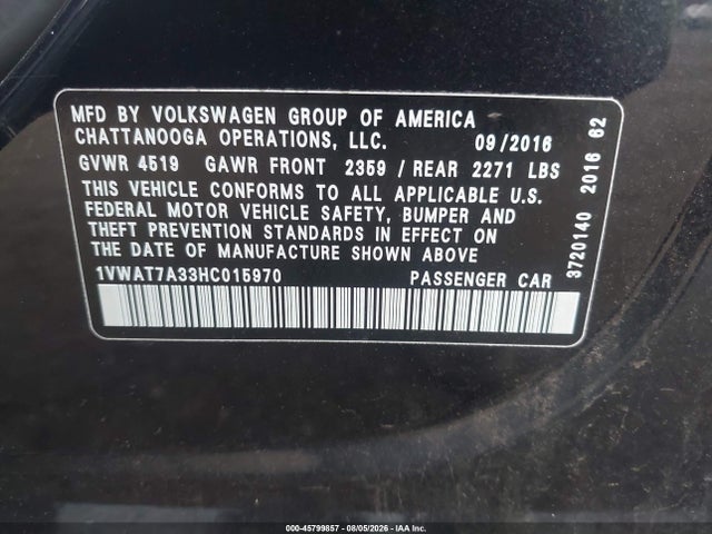 Продажа на аукционе авто 2017 Volkswagen Passat 1.8t S, vin: 1VWAT7A33HC015970, номер лота: 45799857
