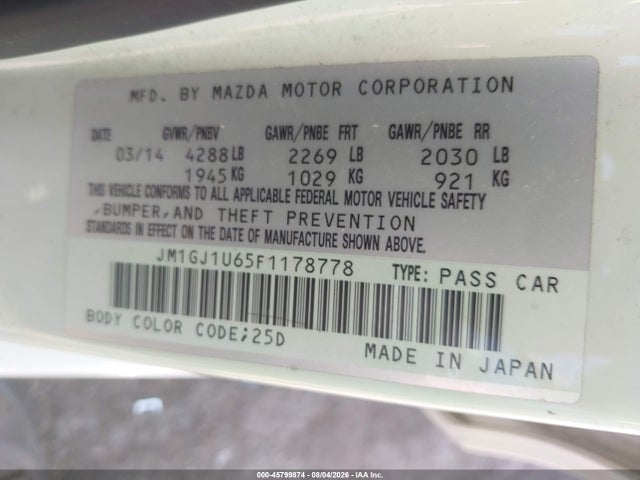 Aukcja sprzedaży 2015 Mazda Mazda6 I Sport, vin: JM1GJ1U65F1178778, numer aukcji: 45799874