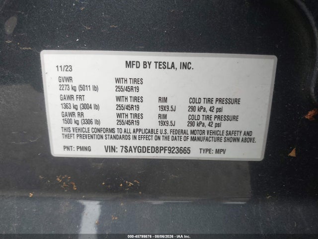 2023 Tesla Model Y Rwd მანქანა იყიდება აუქციონზე, vin: 7SAYGDED8PF923665, აუქციონის ნომერი: 45799876