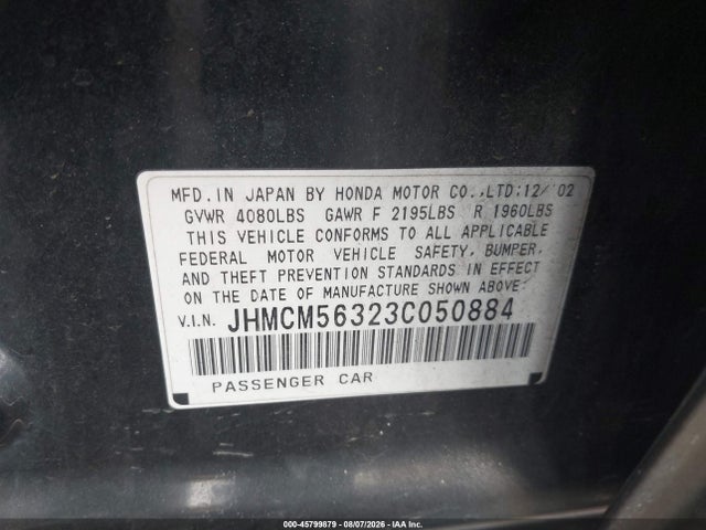 45799879 :رقم المزاد ، JHMCM56323C050884 vin ، 2003 Honda Accord Sdn Lx مزاد بيع