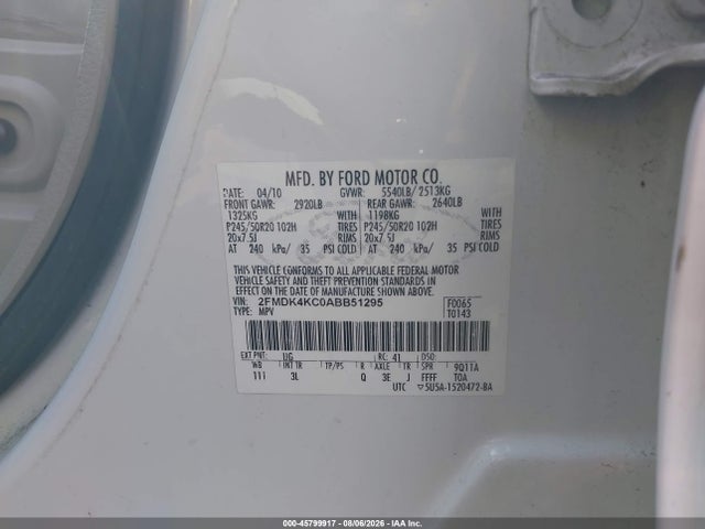 Aukcja sprzedaży 2010 Ford Edge Limited, vin: 2FMDK4KC0ABB51295, numer aukcji: 45799917