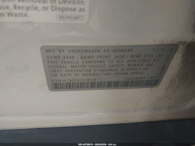 2010 Volkswagen Passat Komfort მანქანა იყიდება აუქციონზე, vin: WVWJK7AN7AP035676, აუქციონის ნომერი: 45799918