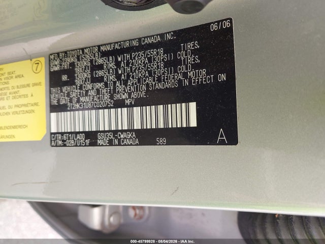 45799928 :رقم المزاد ، 2T2HK31U87C020752 vin ، 2007 Lexus Rx 350 مزاد بيع