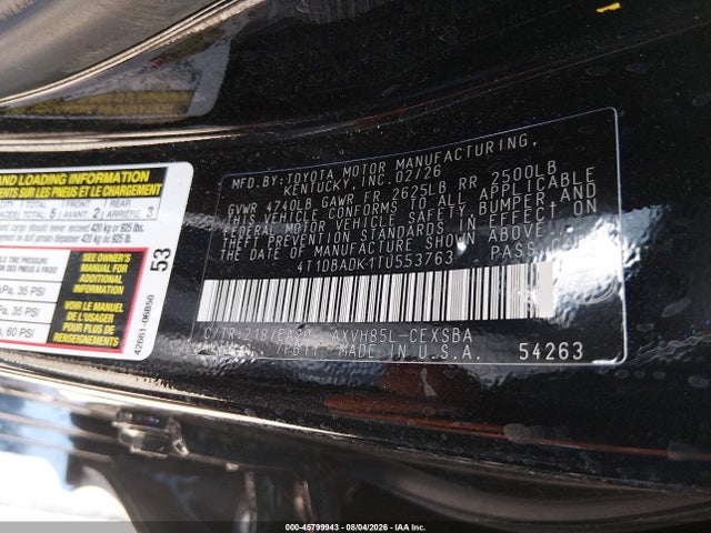 Aukcja sprzedaży 2026 Toyota Camry Nightshade, vin: 4T1DBADK1TU553763, numer aukcji: 45799943