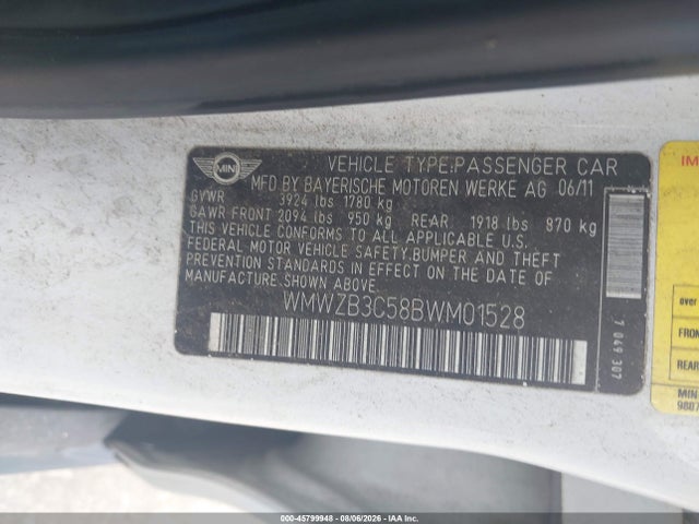 45799948 :رقم المزاد ، WMWZB3C58BWM01528 vin ، 2011 Mini Cooper Countryman مزاد بيع