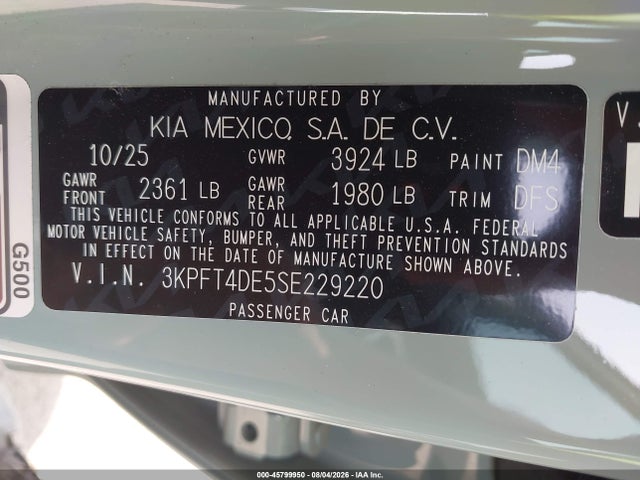 Auction sale of the 2025 Kia K4 Lxs, vin: 3KPFT4DE5SE229220, lot number: 45799950