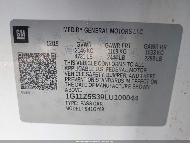 Продажа на аукционе авто 2020 Chevrolet Impala Fwd Lt, vin: 1G11Z5S39LU109044, номер лота: 45799959
