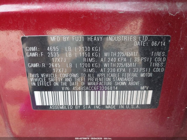 Subaru Outback 2.5i Premium 2015 4S4BSACC6F3206814 Image 9