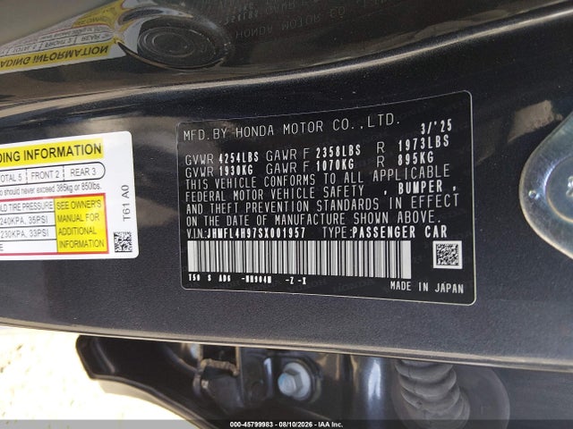 Aukcja sprzedaży 2025 Honda Civic Hybrid Sport Touring, vin: JHMFL4H97SX001957, numer aukcji: 45799983