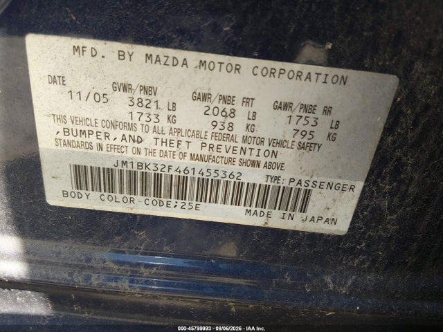 45799993 :رقم المزاد ، JM1BK32F461455362 vin ، 2006 Mazda Mazda3 I Touring مزاد بيع