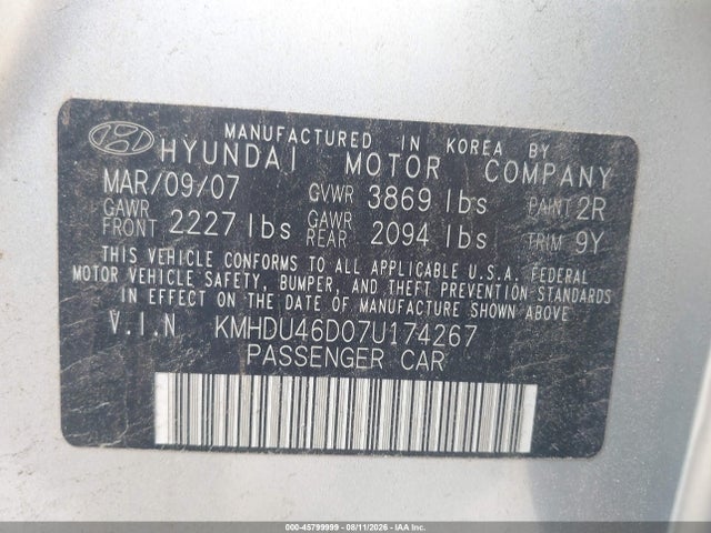 45799999 :رقم المزاد ، KMHDU46D07U174267 vin ، 2007 Hyundai Elantra Gls/ltd/se مزاد بيع