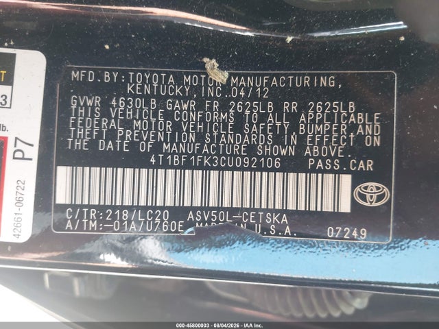 2012 Toyota Camry Se მანქანა იყიდება აუქციონზე, vin: 4T1BF1FK3CU092106, აუქციონის ნომერი: 45800003