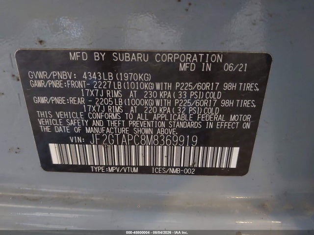 2021 Subaru Crosstrek Premium მანქანა იყიდება აუქციონზე, vin: JF2GTAPC8M8369919, აუქციონის ნომერი: 45800004