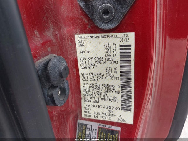 45800006 :رقم المزاد ، 1N6AD0CW3CC430789 vin ، 2012 Nissan Frontier Sv مزاد بيع