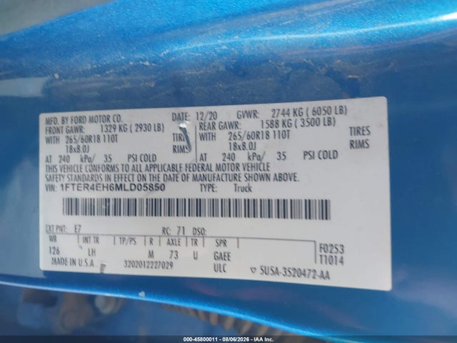 Продаж на аукціоні авто 2021 Ford Ranger Xl, vin: 1FTER4EH6MLD05850, номер лоту: 45800011
